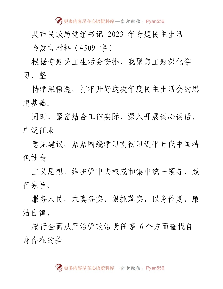 [发言材料] 民政局党组专题民主生活会 - 深化学习与自我剖析：全面从严治党的责任与整改措施.docx_第1页
