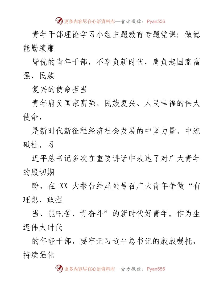 [发言] 青年干部理论学习小组 - 青年干部：肩负新时代使命，争做德能勤绩廉皆优的干部.docx_第1页