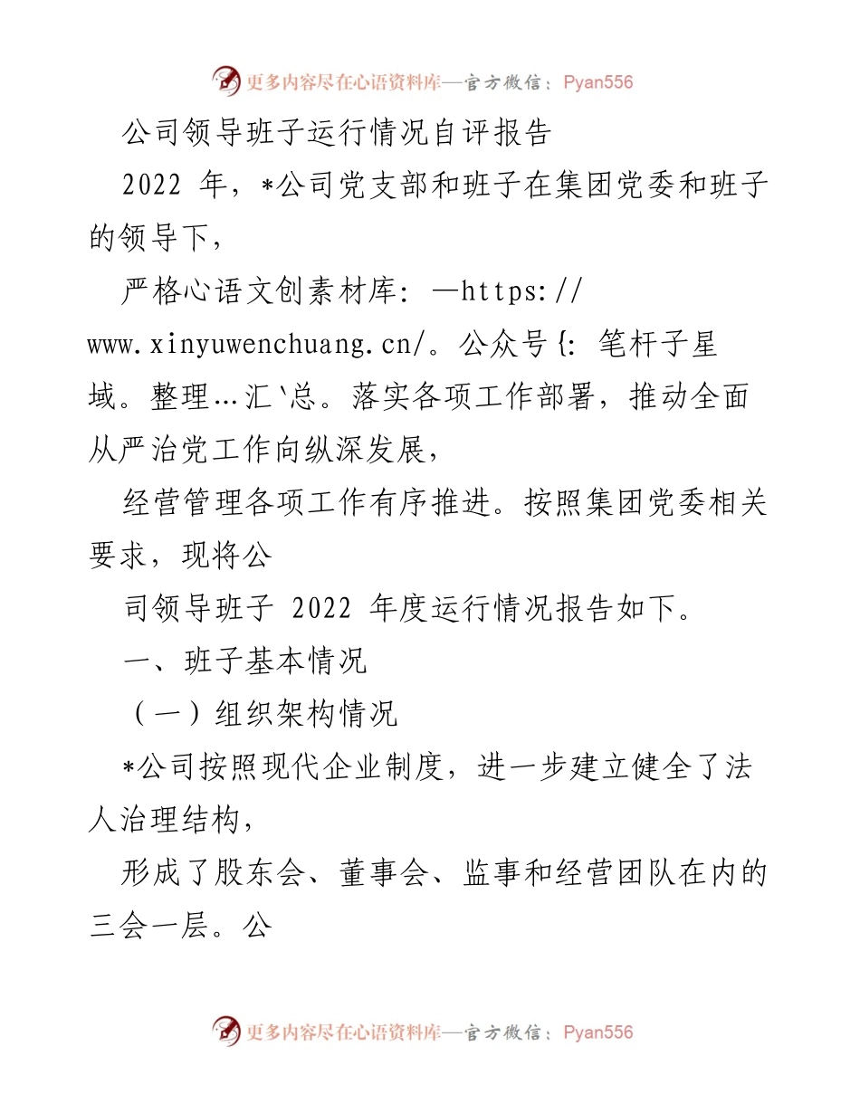 [发言] 领导班子年度自评 - 公司领导班子2022年度运行情况自评报告.docx_第1页