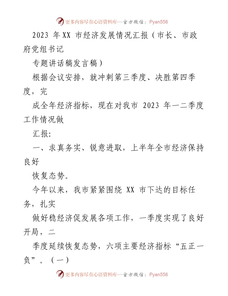 [发言稿] 经济发展汇报 - 2023年XX市经济发展情况汇报与展望.docx_第1页