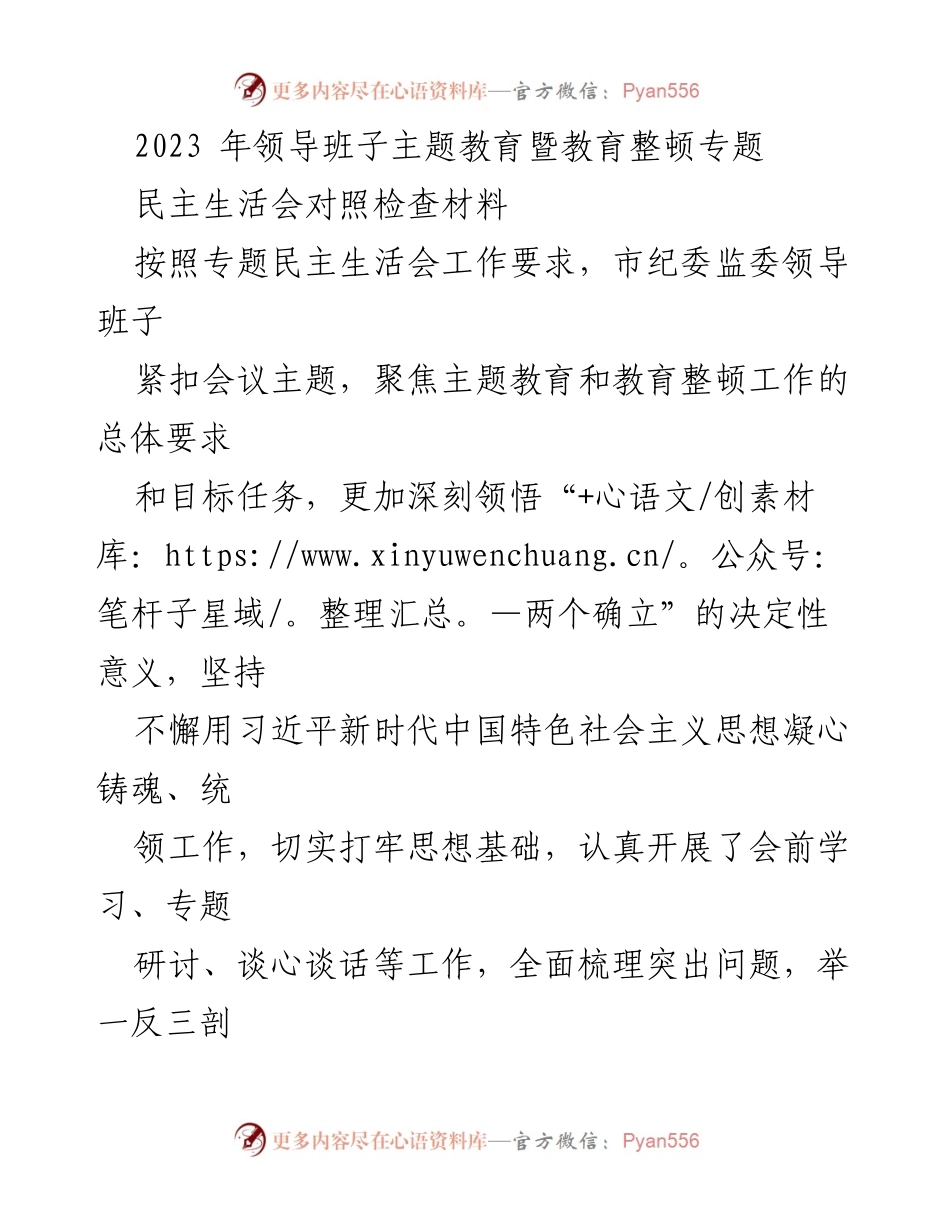 [发言] 领导班子民主生活会 - 2023年市纪委监委民主生活会对照检查与整改汇报.docx_第1页