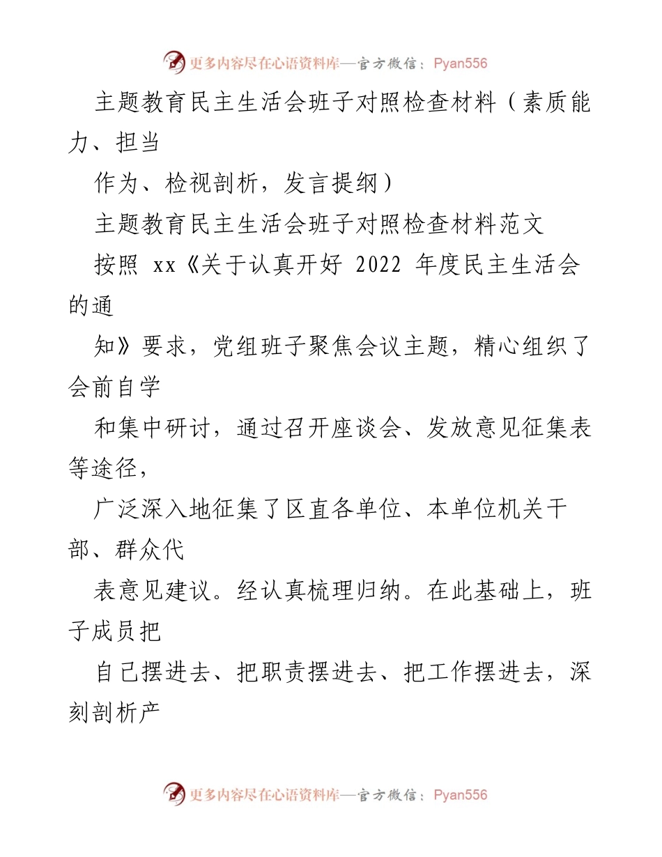 [发言提纲] 主题教育民主生活会 - 班子对照检查材料及整改措施分析.docx_第1页