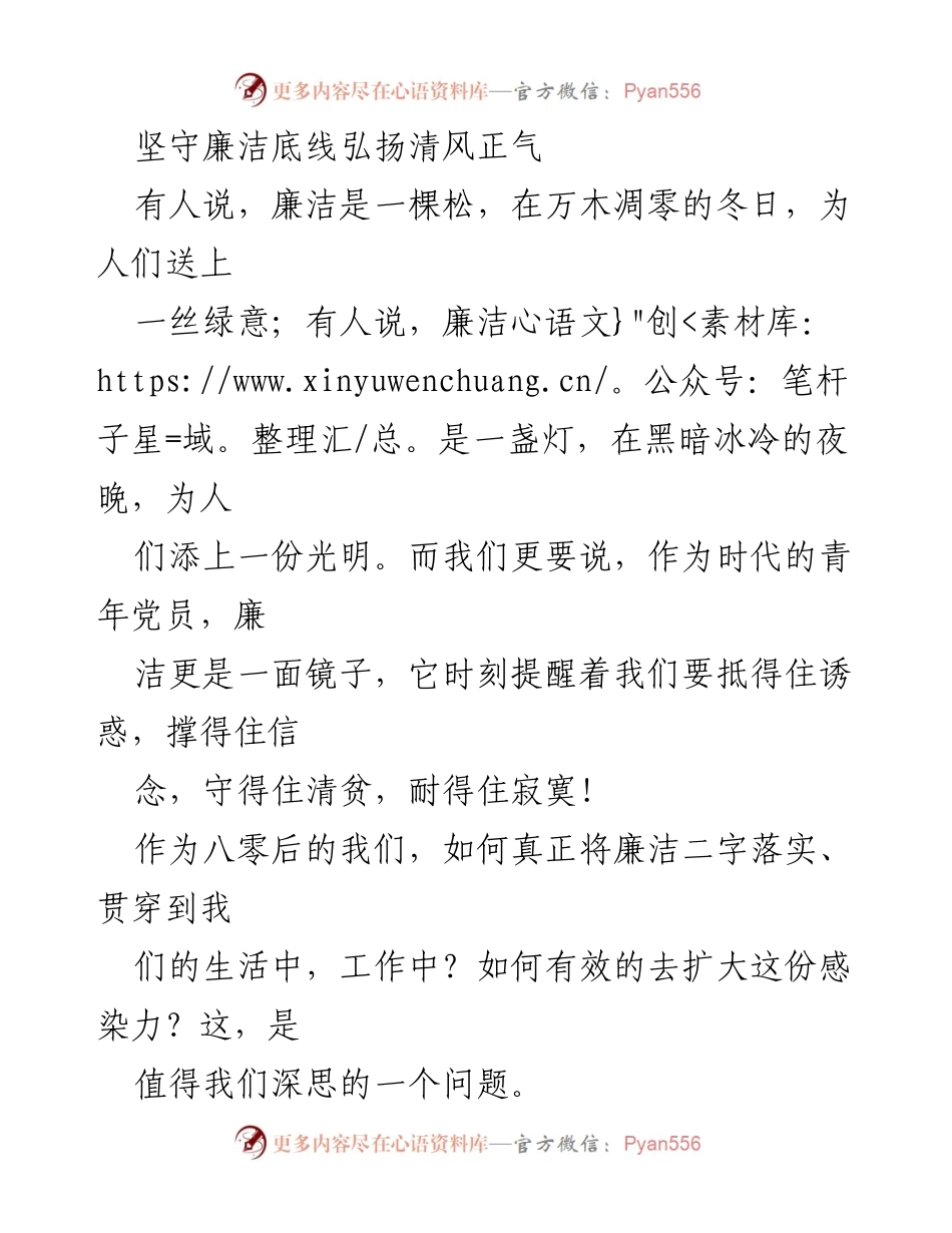 [发言] 青年党员大会 - 坚守廉洁底线，弘扬清风正气.docx_第1页