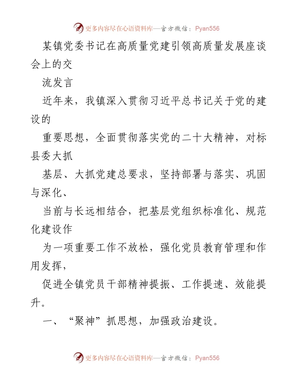 [发言] 高质量党建引领高质量发展座谈会 - 加强政治建设与乡村振兴的党建引领实践.docx_第1页