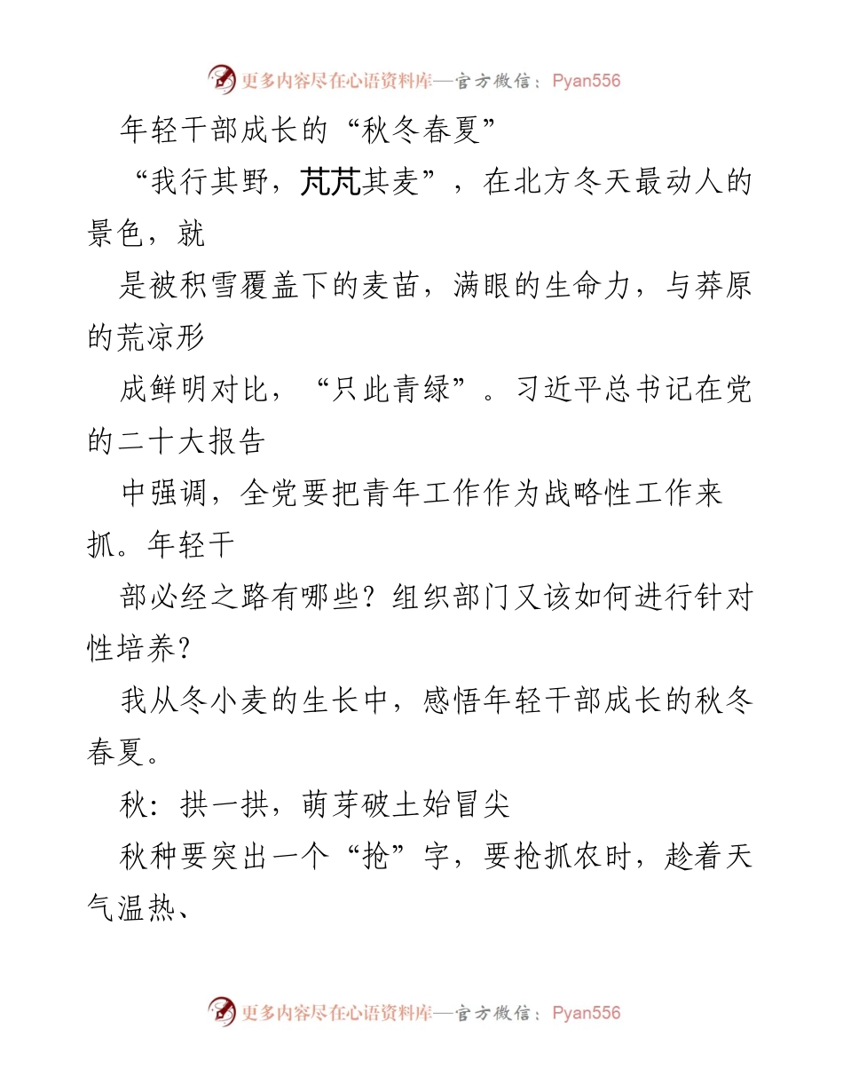 [发言] 青年干部成长研讨会 - 年轻干部成长的“秋冬春夏”.docx_第1页