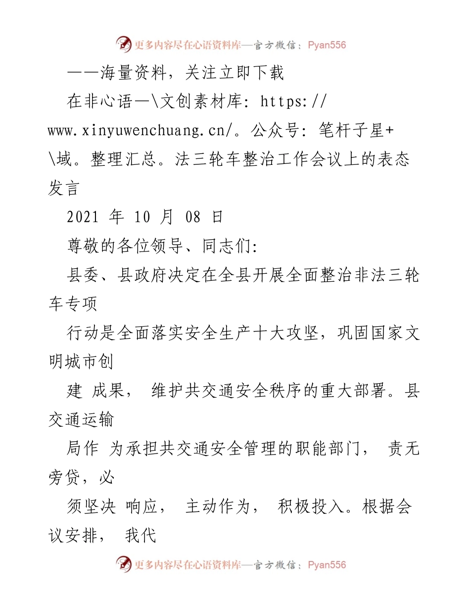 [发言] 非法三轮车整治工作会议 - 加强非法三轮车整治，维护交通安全与文明城市形象.docx_第1页