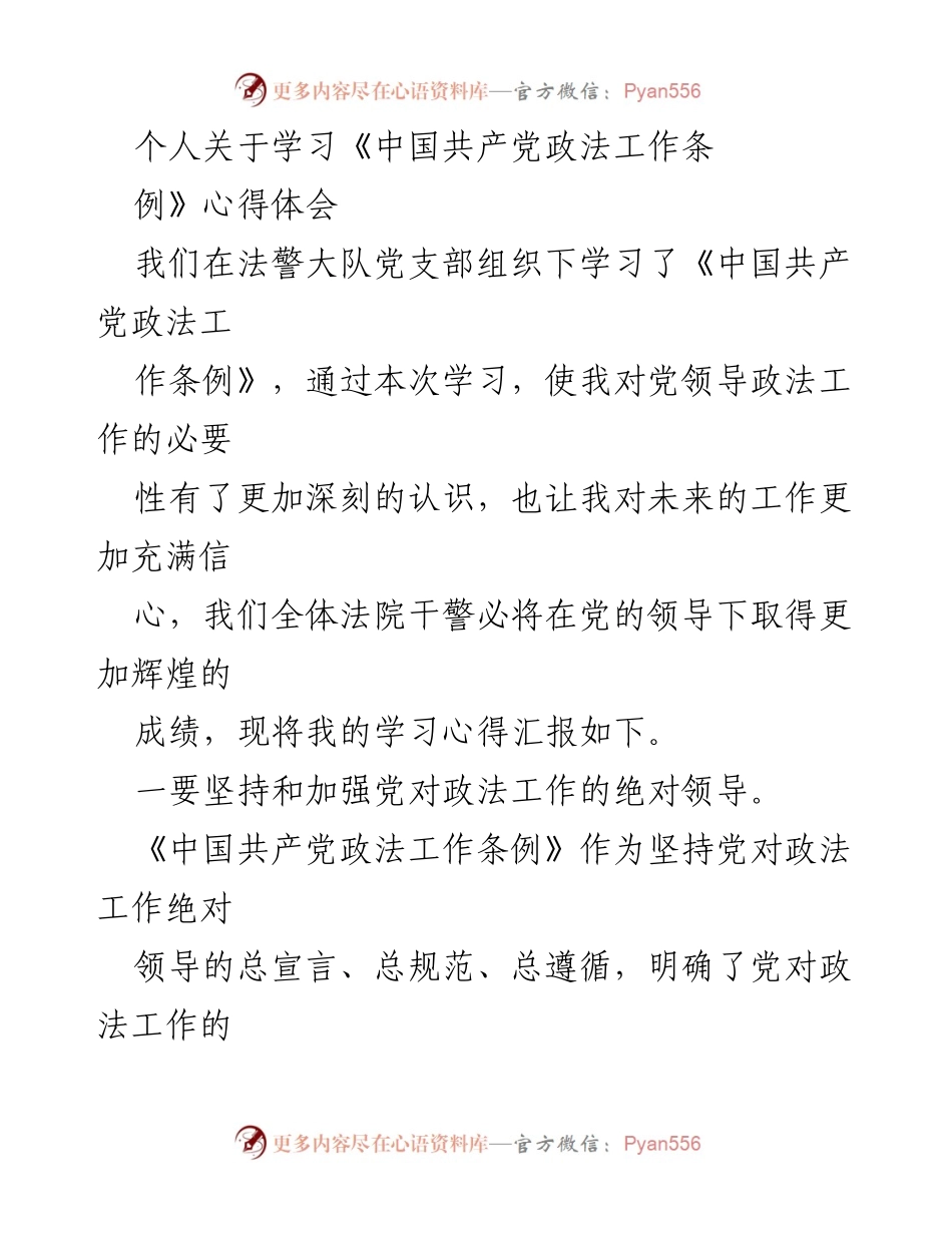 [学习心得] 法警大队党支部 - 深化对《中国共产党政法工作条例》的理解与实践.docx_第1页