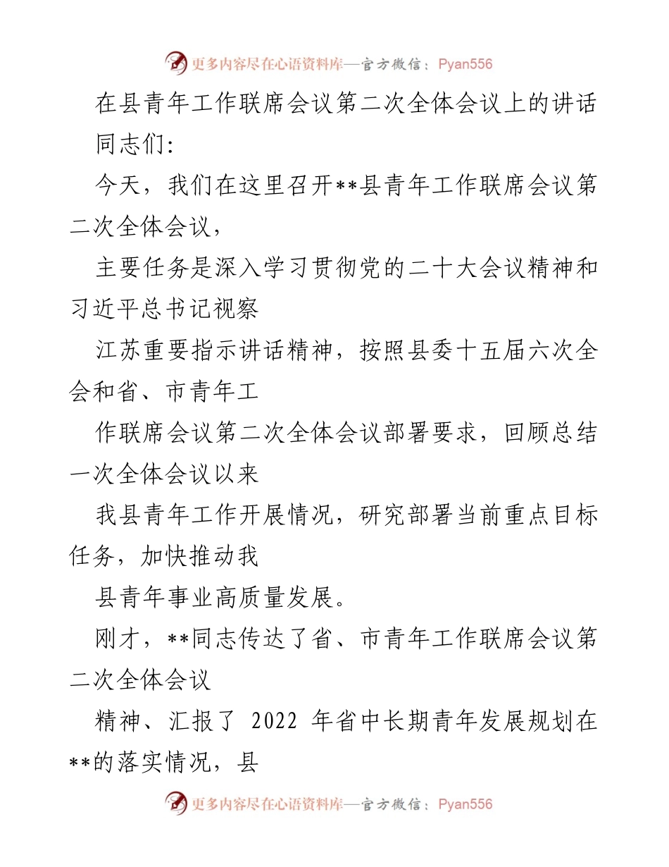 [发言] 青年工作联席会议 - 深入学习贯彻党的二十大精神，推动青年事业高质量发展.docx_第1页