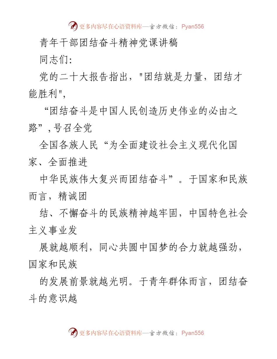 [发言] 青年干部党课 - 青年干部的团结奋斗精神与时代责任.docx_第1页