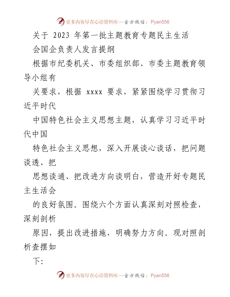 [发言提纲] 专题民主生活会 - 2023年主题教育民主生活会国企负责人发言要点.docx_第1页