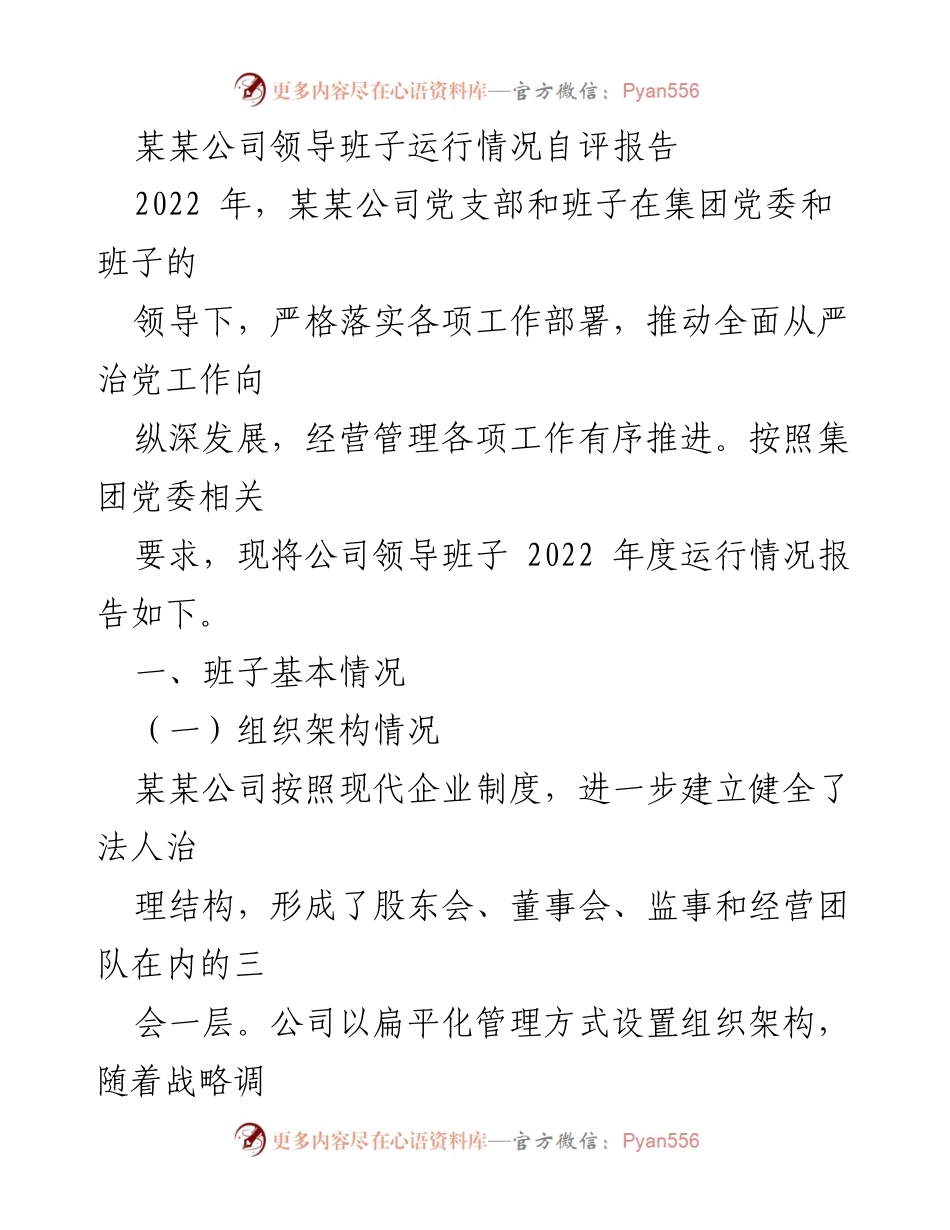 [发言] 领导班子年度自评 - 某某公司2022年度领导班子运行情况自评报告.docx_第1页