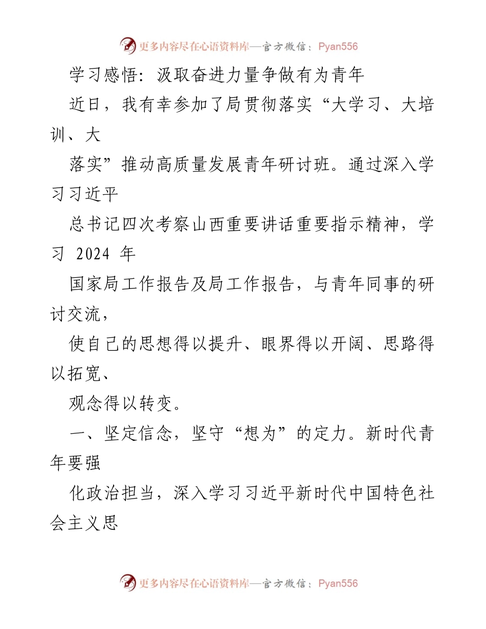 [发言] 青年研讨班 - 汲取奋进力量，争做新时代有为青年.docx_第1页