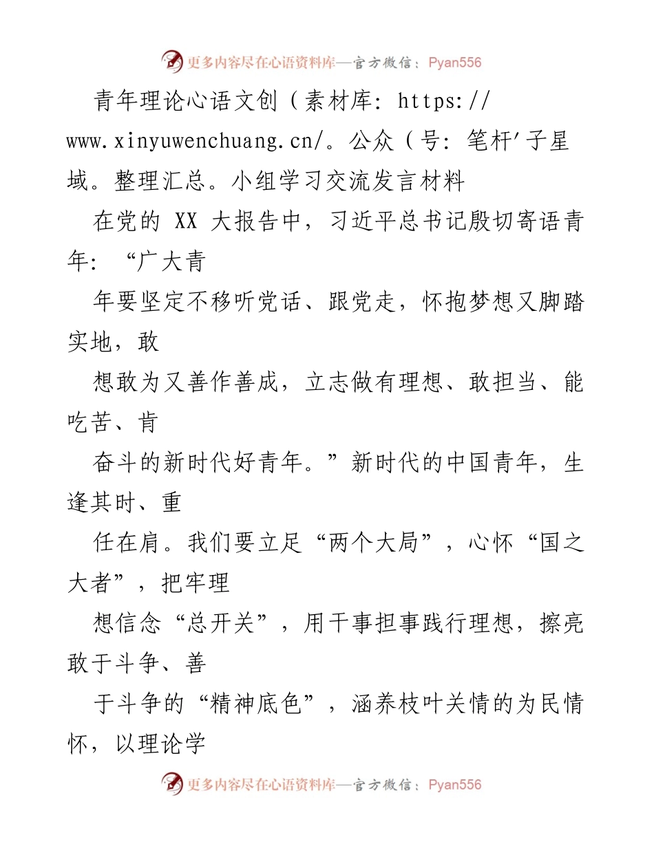 [发言] 青年理论小组学习交流 - 青年干部的理想与担当.docx_第1页
