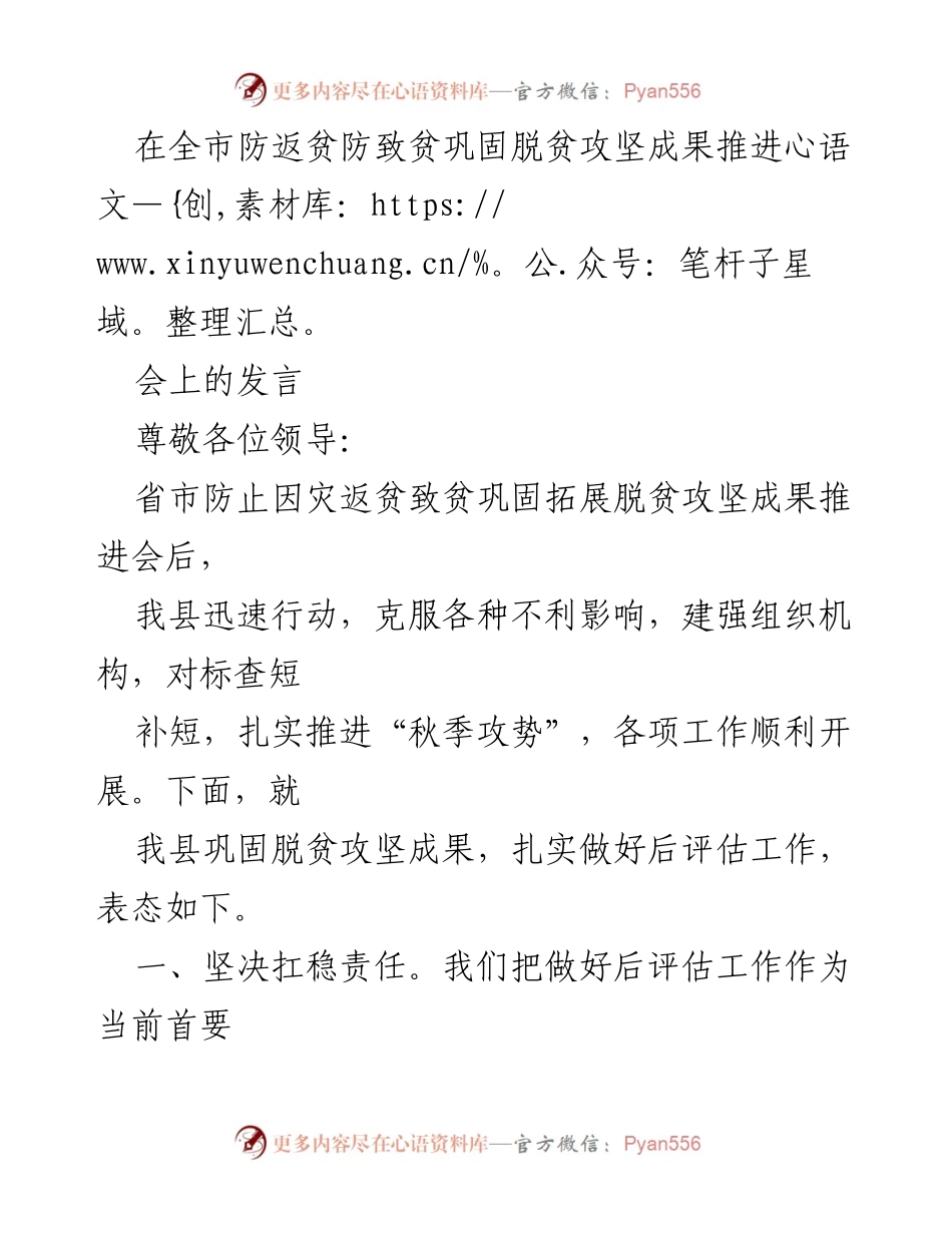 [发言] 防返贫防致贫巩固脱贫攻坚成果推进会 - 扎实推进后评估工作，巩固脱贫攻坚成果.docx_第1页