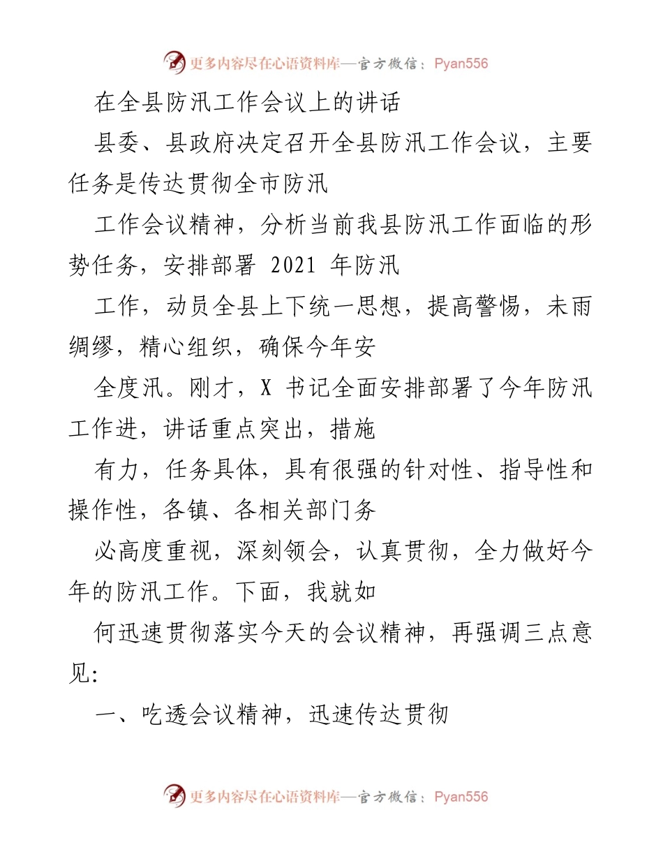 [发言] 防汛工作会议 - 强化防汛工作落实 确保安全度汛.docx_第1页