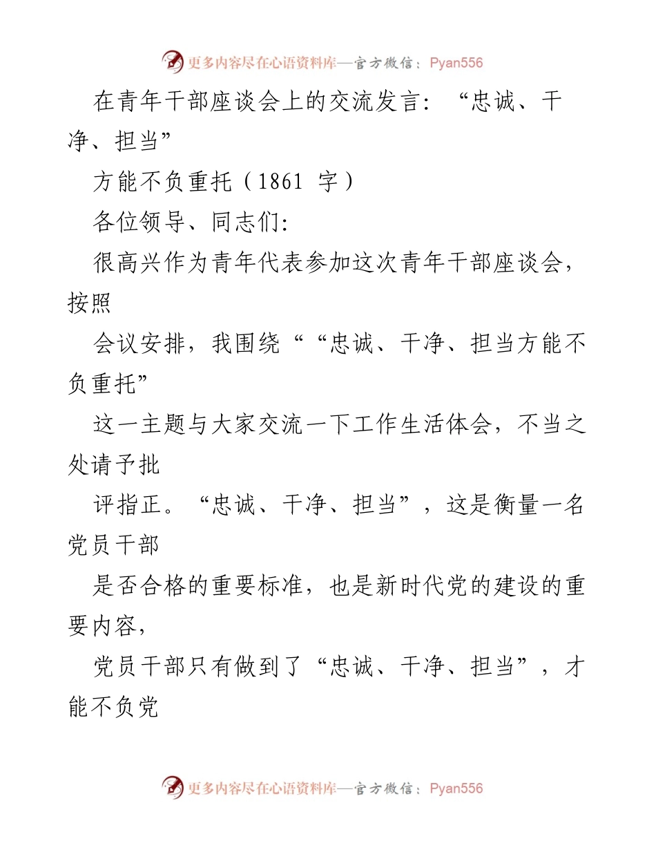 [发言] 青年干部座谈会 - 忠诚、干净、担当：不负重托的责任与担当.docx_第1页