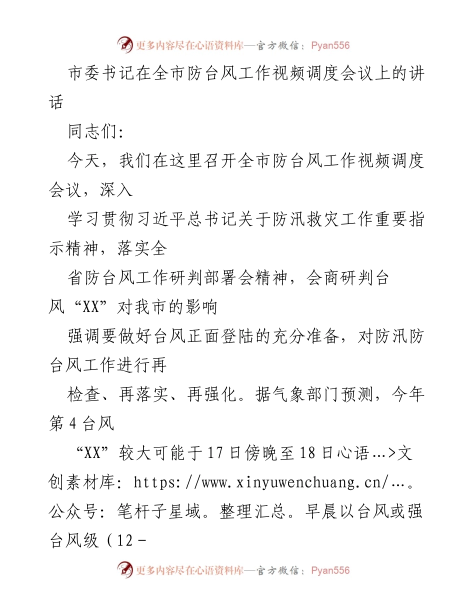 [发言] 防台风工作视频调度会议 - 全力以赴做好防台风工作确保人民安全.docx_第1页