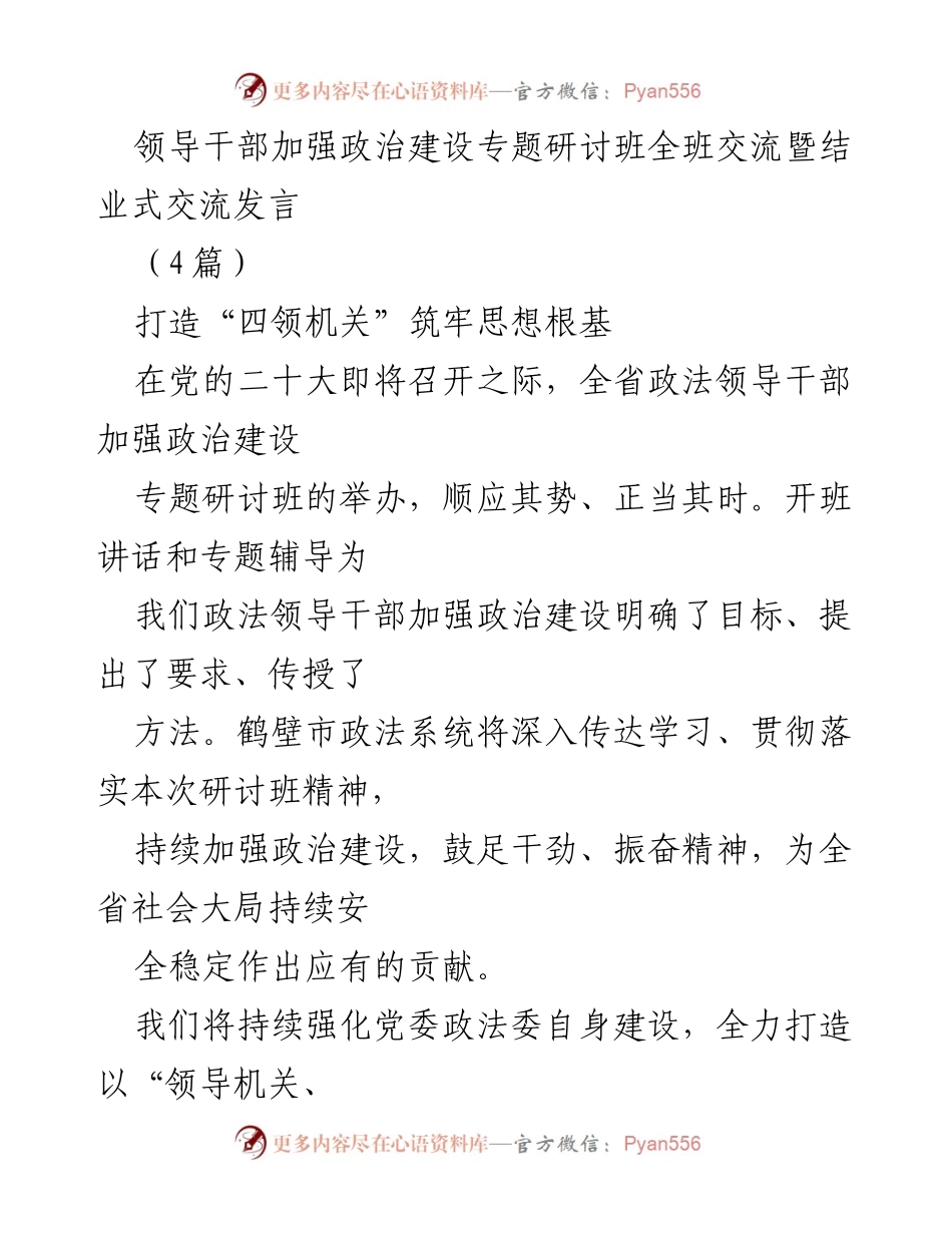 [发言] 领导干部专题研讨班 - 加强政治建设，筑牢思想根基.docx_第1页