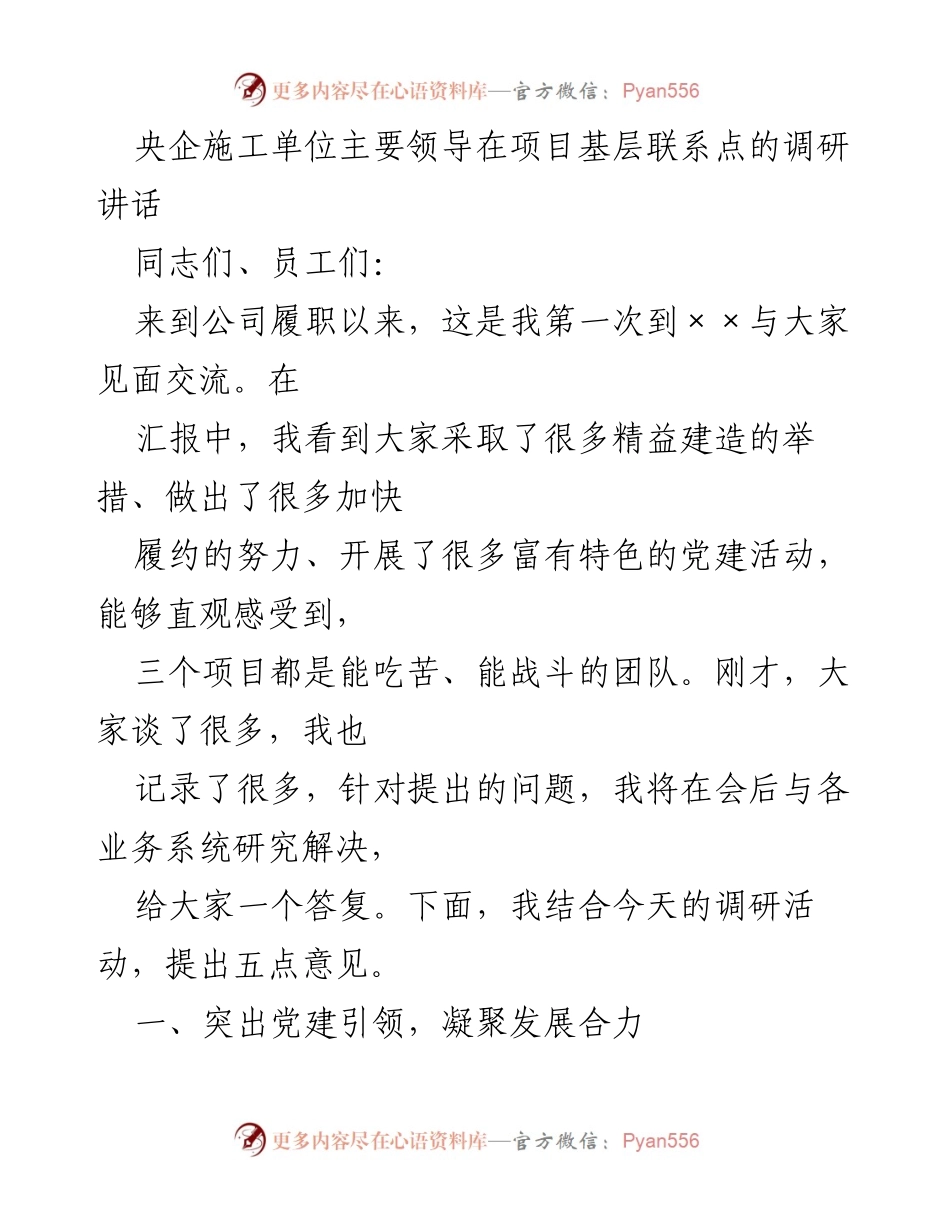 [发言] 项目调研 - 突出党建引领与人才培养，推动项目高质量发展.docx_第1页