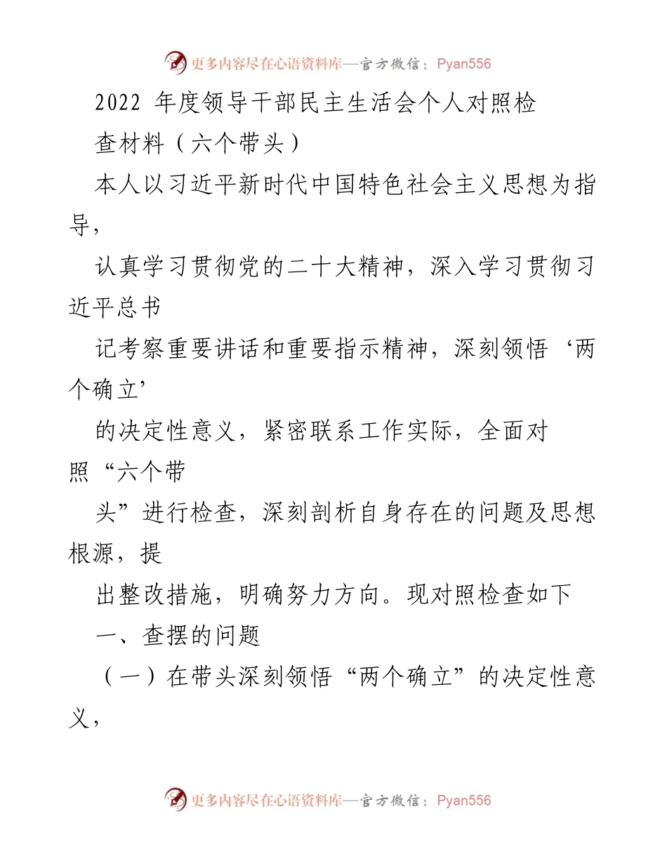 [发言] 领导干部民主生活会 - 个人对照检查材料：深入剖析与整改措施.docx_第1页