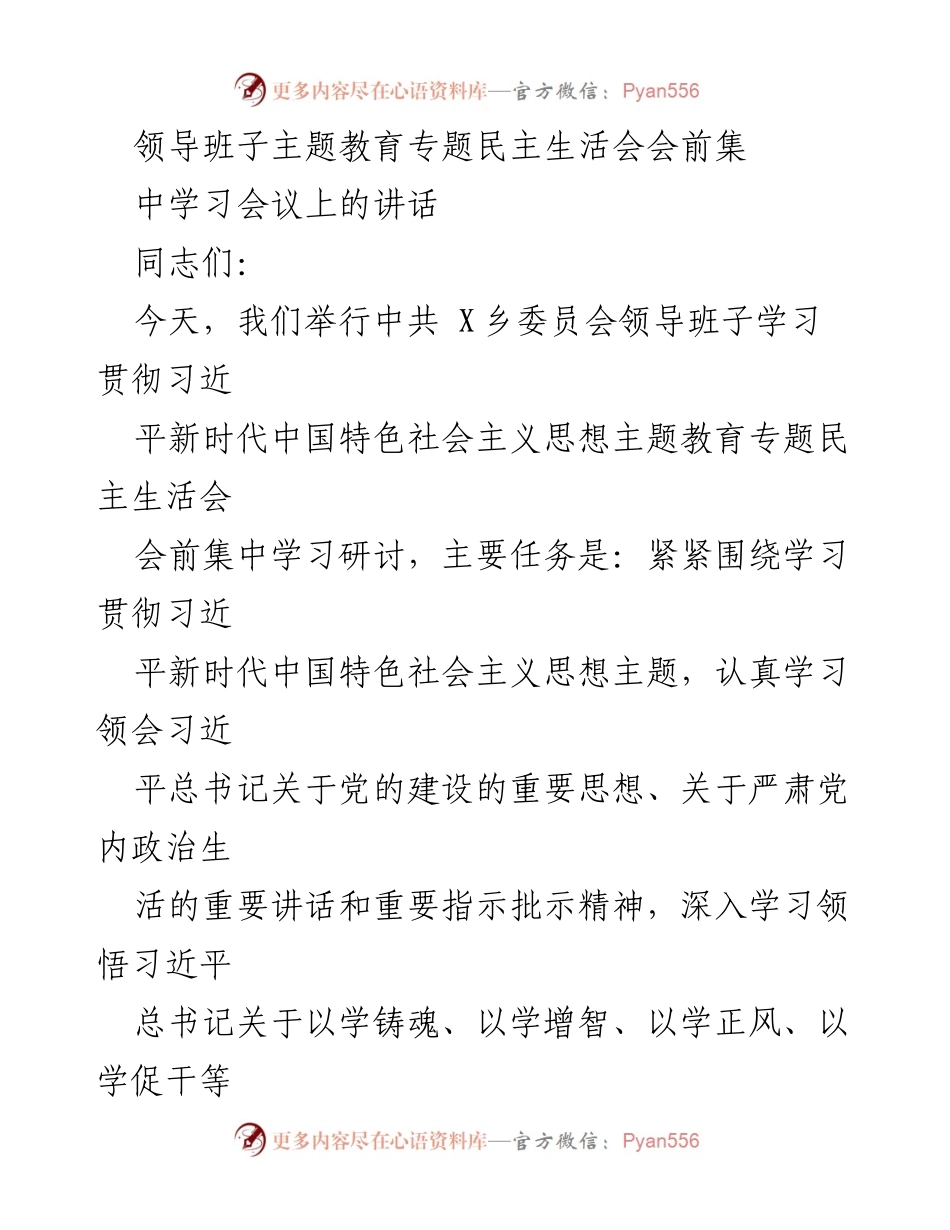 [发言] 领导班子主题教育专题民主生活会 - 贯彻习近平新时代中国特色社会主义思想的集中学习与发言总结.docx_第1页