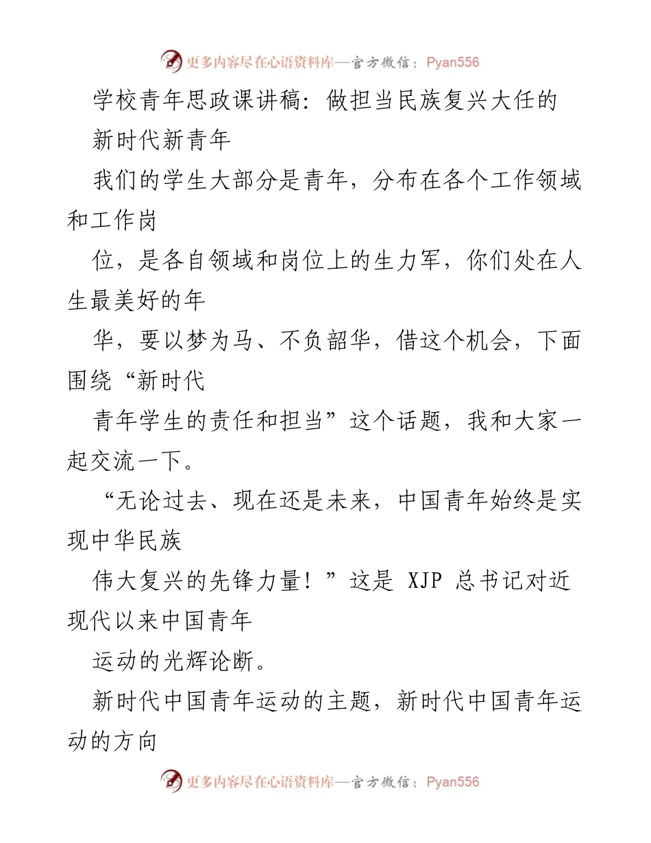 [发言] 青年思政课 - 新时代青年学生的责任与担当.docx_第1页