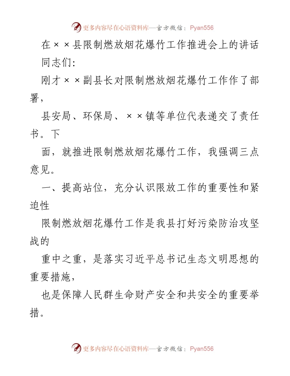 [发言] 限制燃放烟花爆竹工作推进会 - 推进限制燃放烟花爆竹工作的重要性与措施.docx_第1页