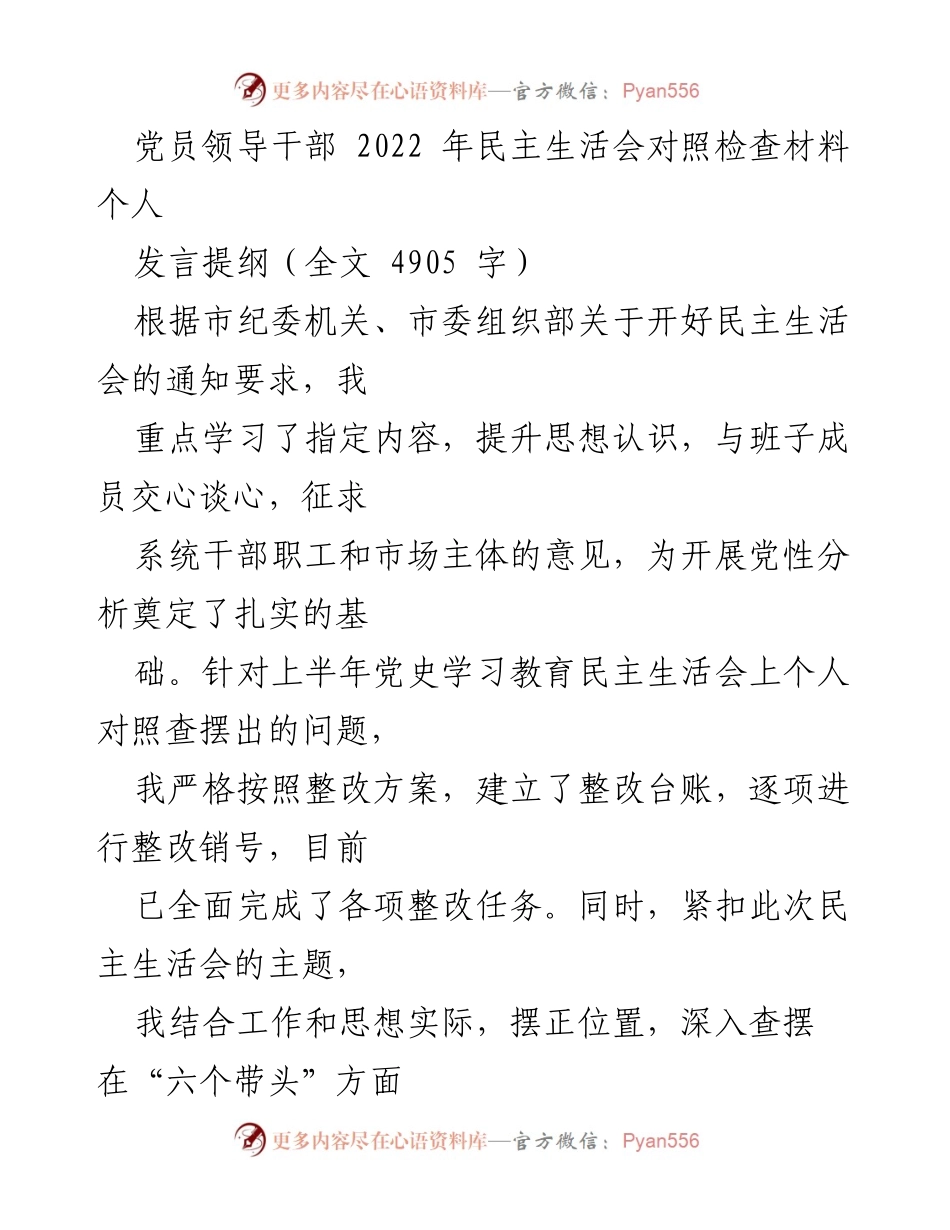 [发言提纲] 党员领导干部民主生活会 - 2022年度民主生活会对照检查材料总结.docx_第1页