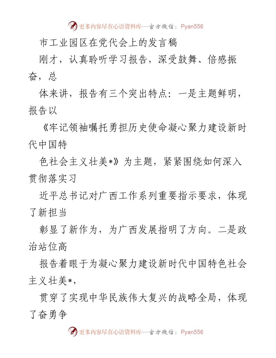 [发言稿] 党代会 - 市工业园区在党代会上的发言与发展方向解析.docx_第1页