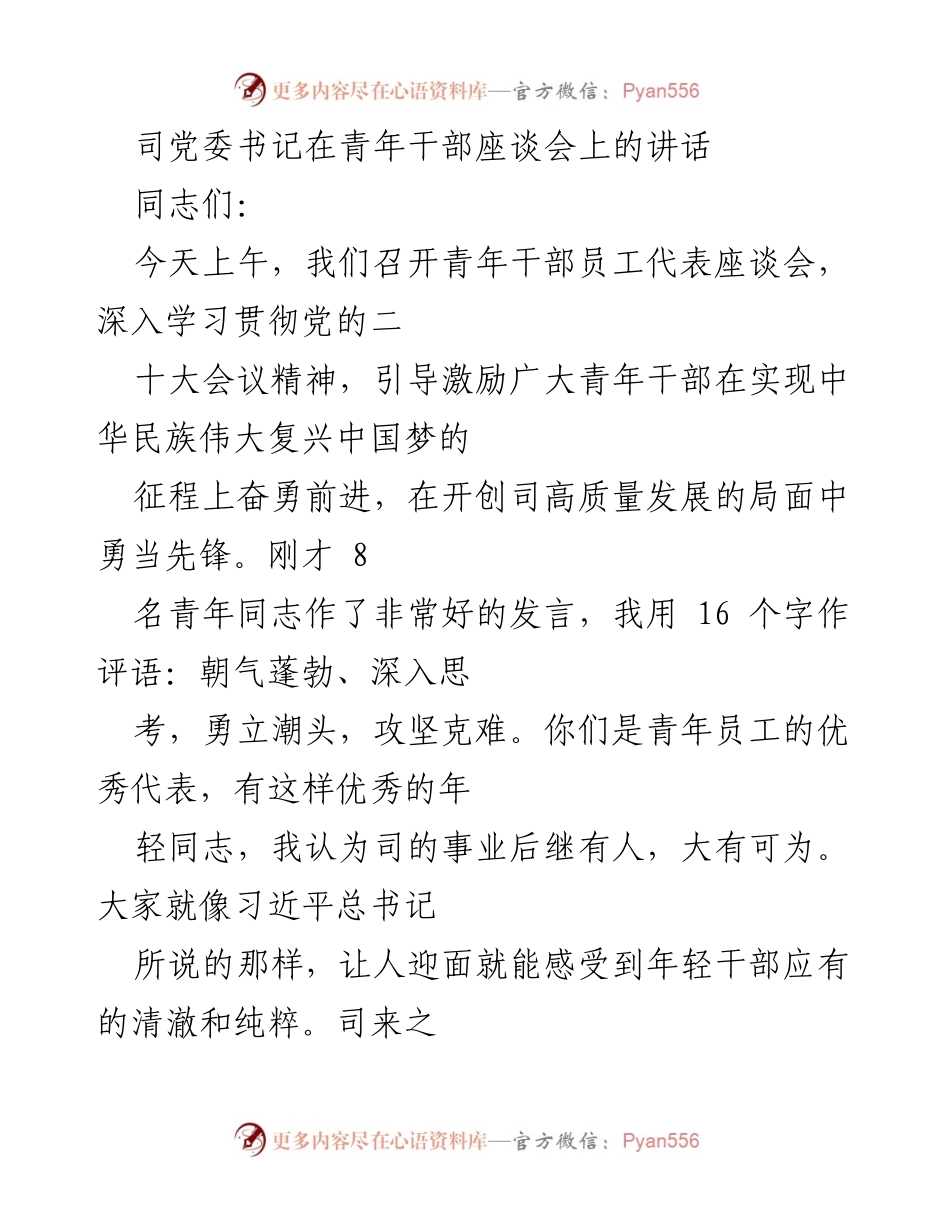 [发言] 青年干部座谈会 - 深入学习贯彻党的二十大精神，激励青年干部奋勇前进.docx_第1页