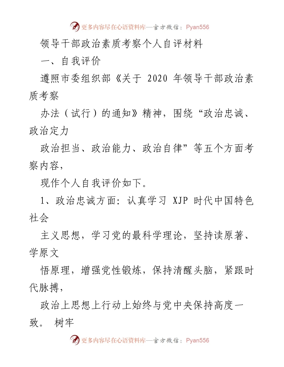 [发言] 领导干部政治素质考察 - 领导干部个人政治素质自评报告.docx_第1页