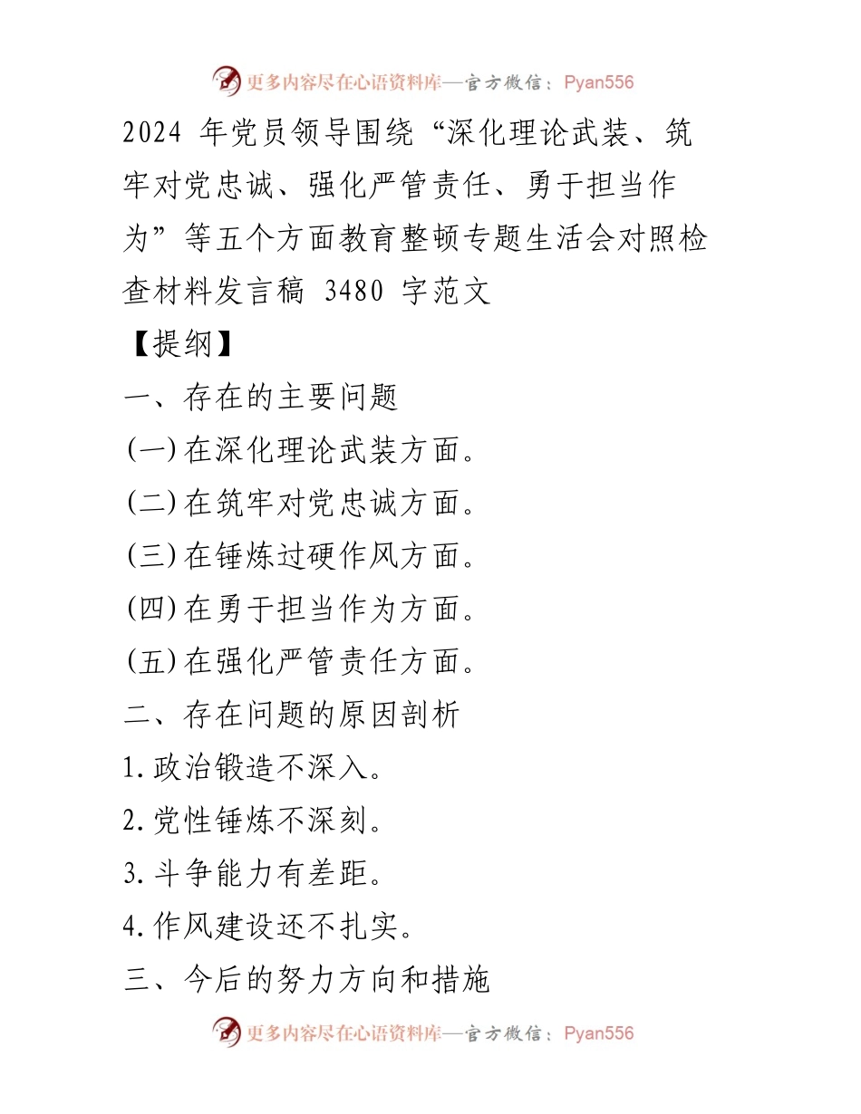 [发言稿] 党员领导专题生活会 - 深化理论武装与责任担当的自我检视与改进措施.docx_第1页