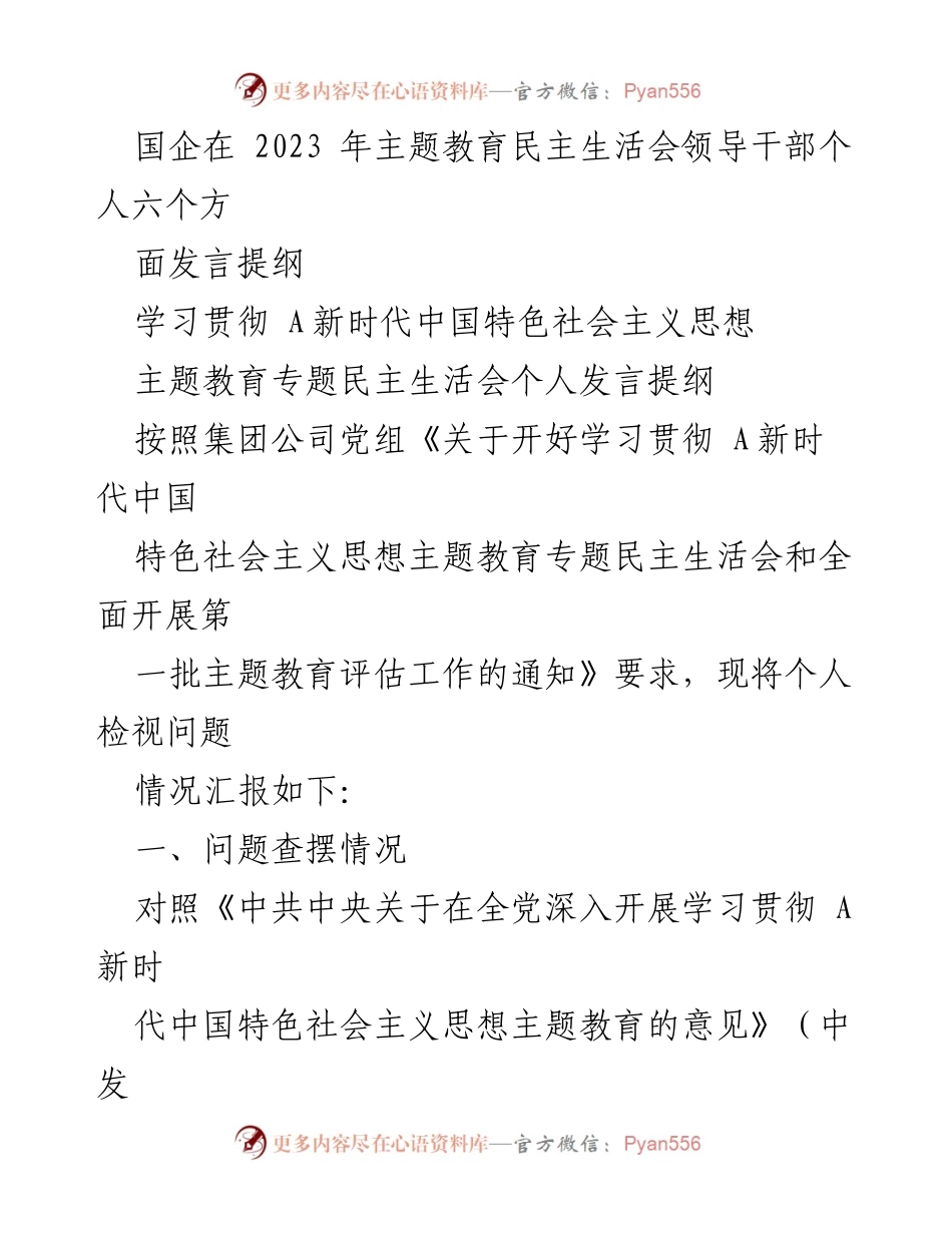 [发言提纲] 主题教育民主生活会 - 国企领导干部个人问题检视与学习反思.docx_第1页