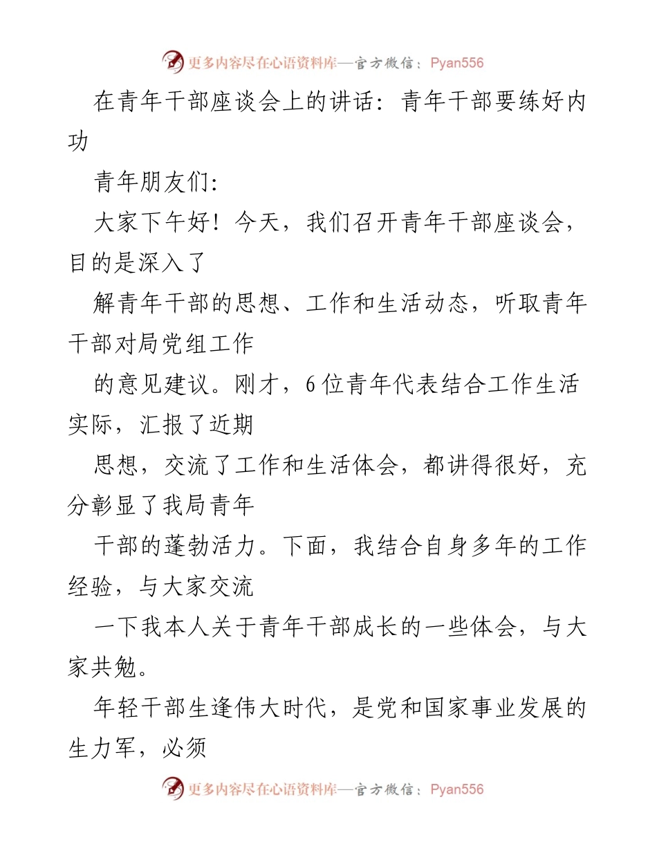 [发言] 青年干部座谈会 - 青年干部的内功修炼与成长.docx_第1页
