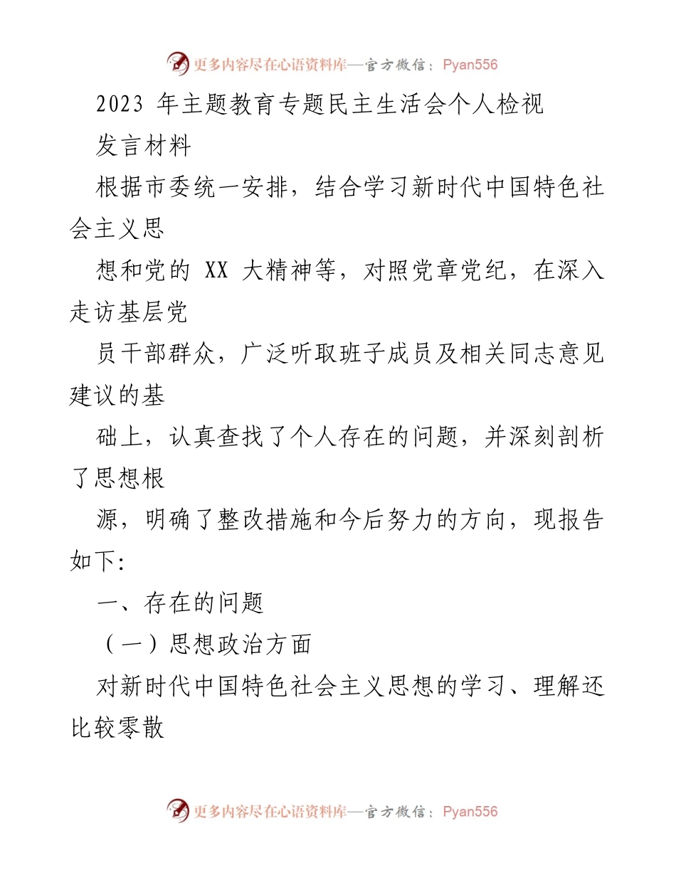[发言材料] 主题教育专题民主生活会 - 个人检视与整改措施报告.docx_第1页