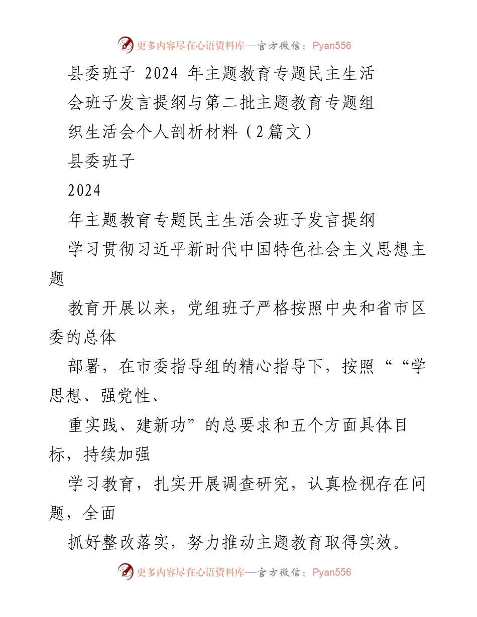 [发言提纲] 主题教育专题民主生活会 - 2024年县委班子主题教育发言提纲与问题检视分析.docx_第1页