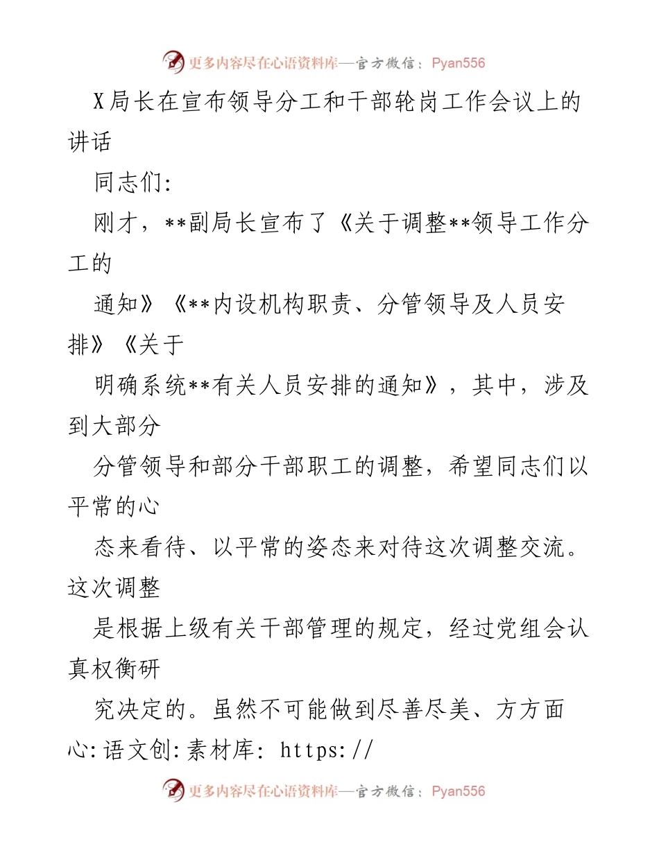 [发言] 领导分工和干部轮岗工作会议 - 适应新角色，提升能力：X局长讲话要点.docx_第1页