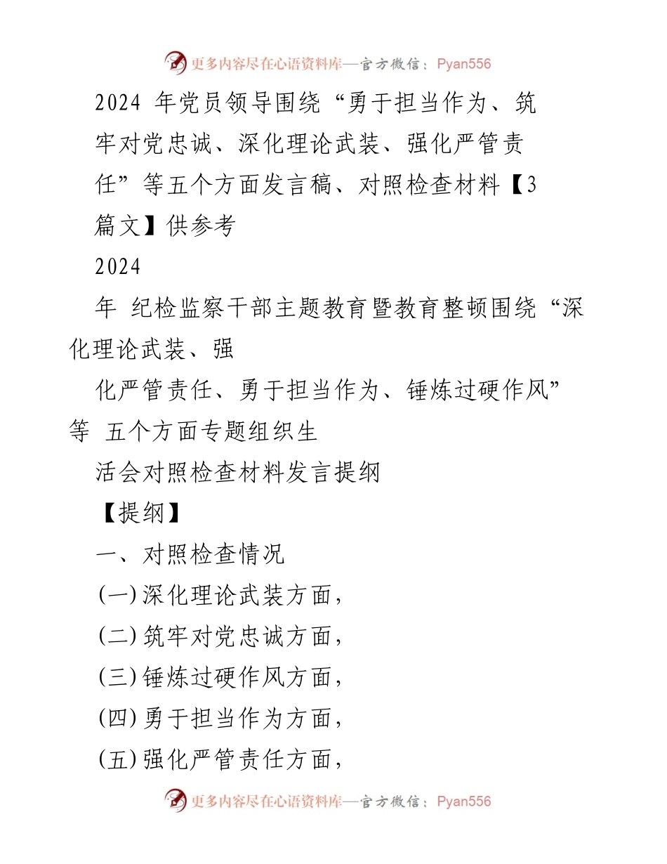 [发言稿] 党员领导专题会议 - 2024年党员领导对照检查材料发言稿及整改措施分析.docx_第1页