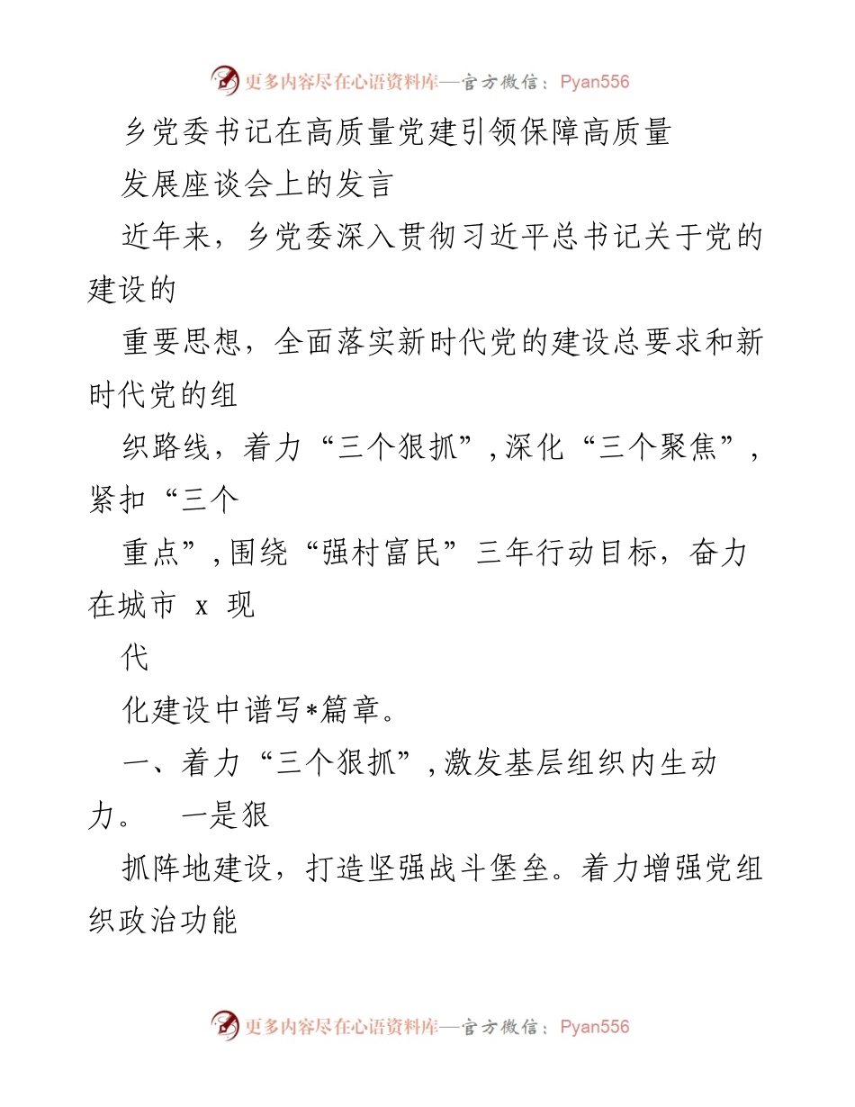 [发言] 高质量党建引领保障高质量发展座谈会 - 乡党委书记发言聚焦高质量党建与乡村振兴.docx_第1页