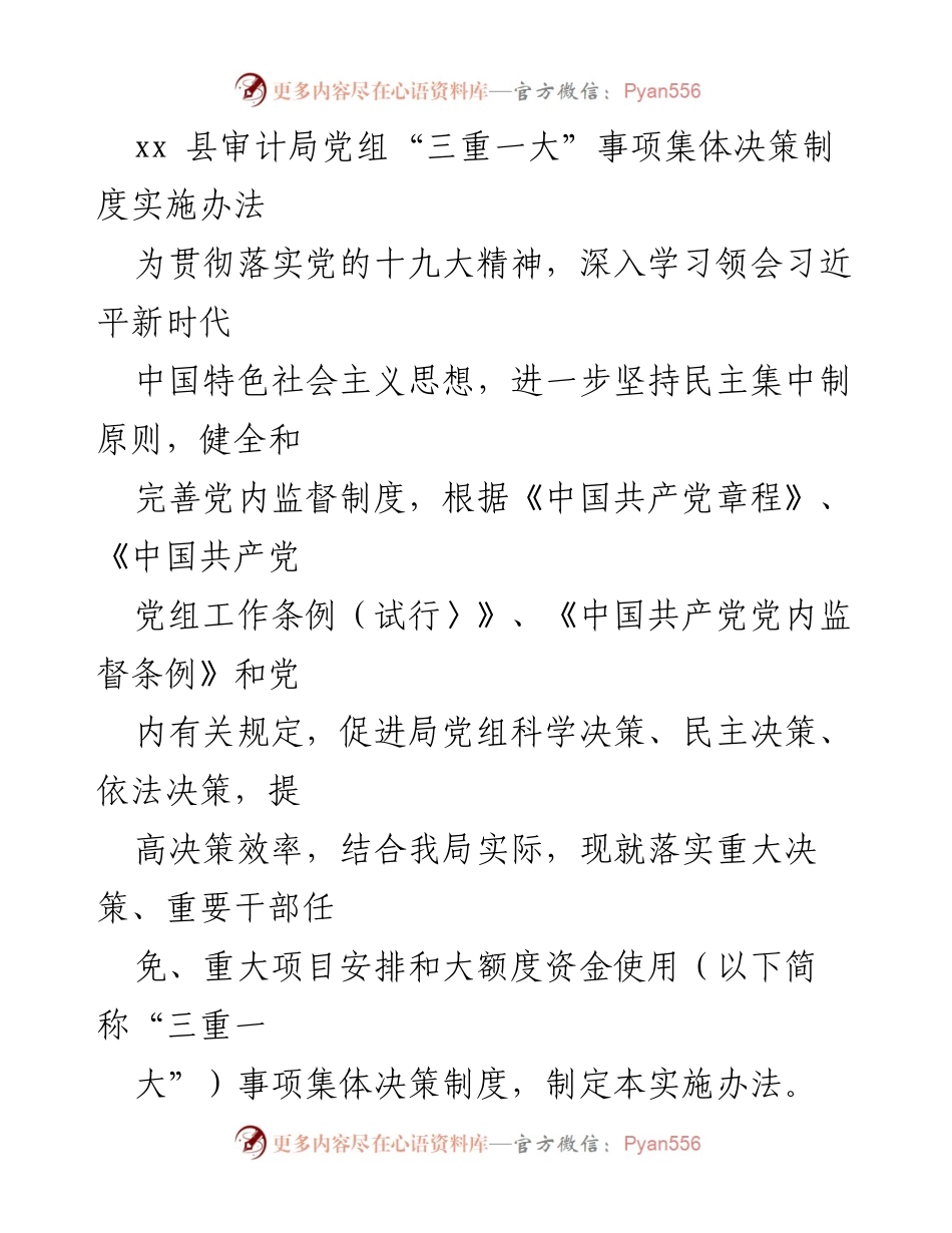 [实施办法] 党内监督 - xx县审计局党组“三重一大”事项集体决策制度实施办法.docx_第1页