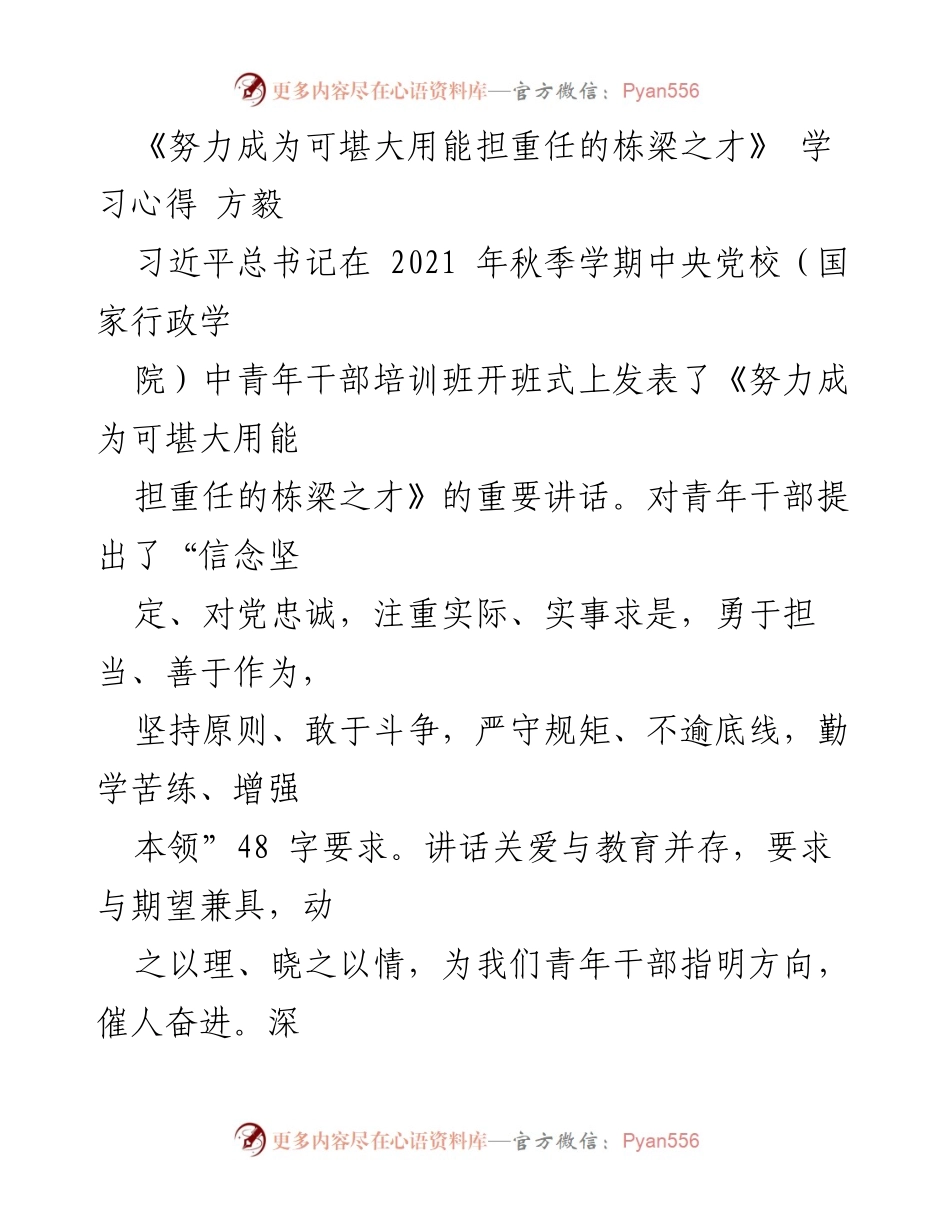 [学习心得] 青年干部培训班 - 《坚定信念，勇于担当：青年干部的成长之路》.docx_第1页