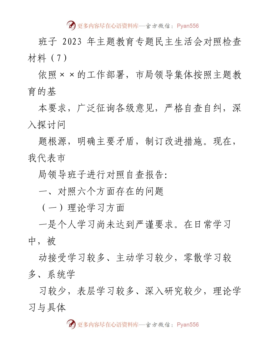 [对照检查报告] 主题教育专题民主生活会 - 市局领导班子2023年对照自查报告.docx_第1页