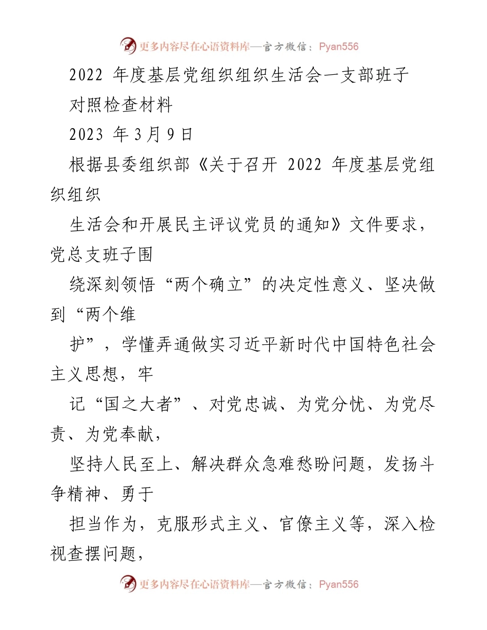 [对照检查材料] 组织生活会 - 2022年度基层党组织组织生活会班子对照检查报告.docx_第1页