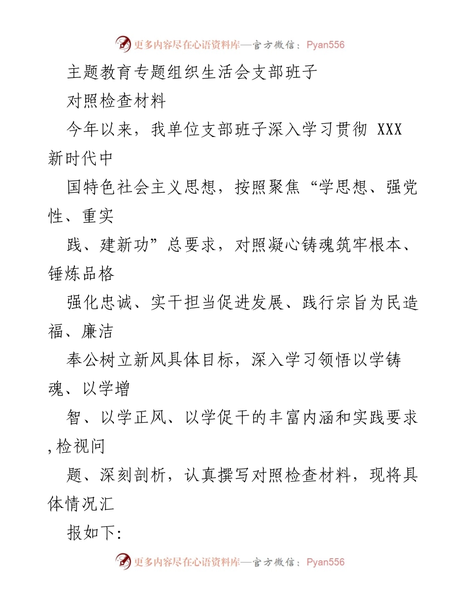 [对照检查材料] 主题教育专题组织生活会 - 支部班子对照检查材料总结.docx_第1页