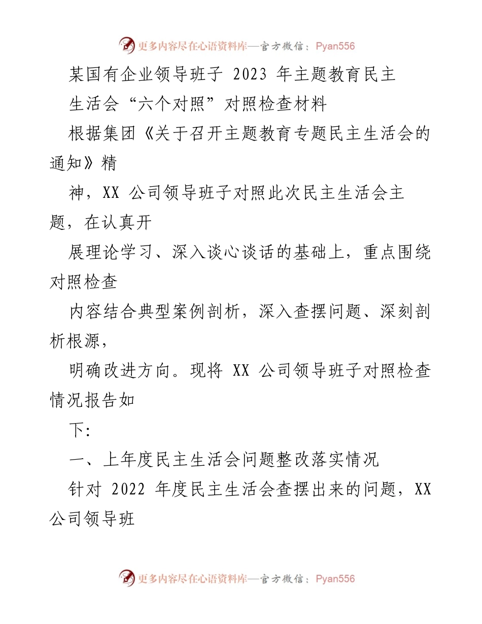 [对照检查材料] 主题教育民主生活会 - XX公司领导班子2023年对照检查情况报告.docx_第1页