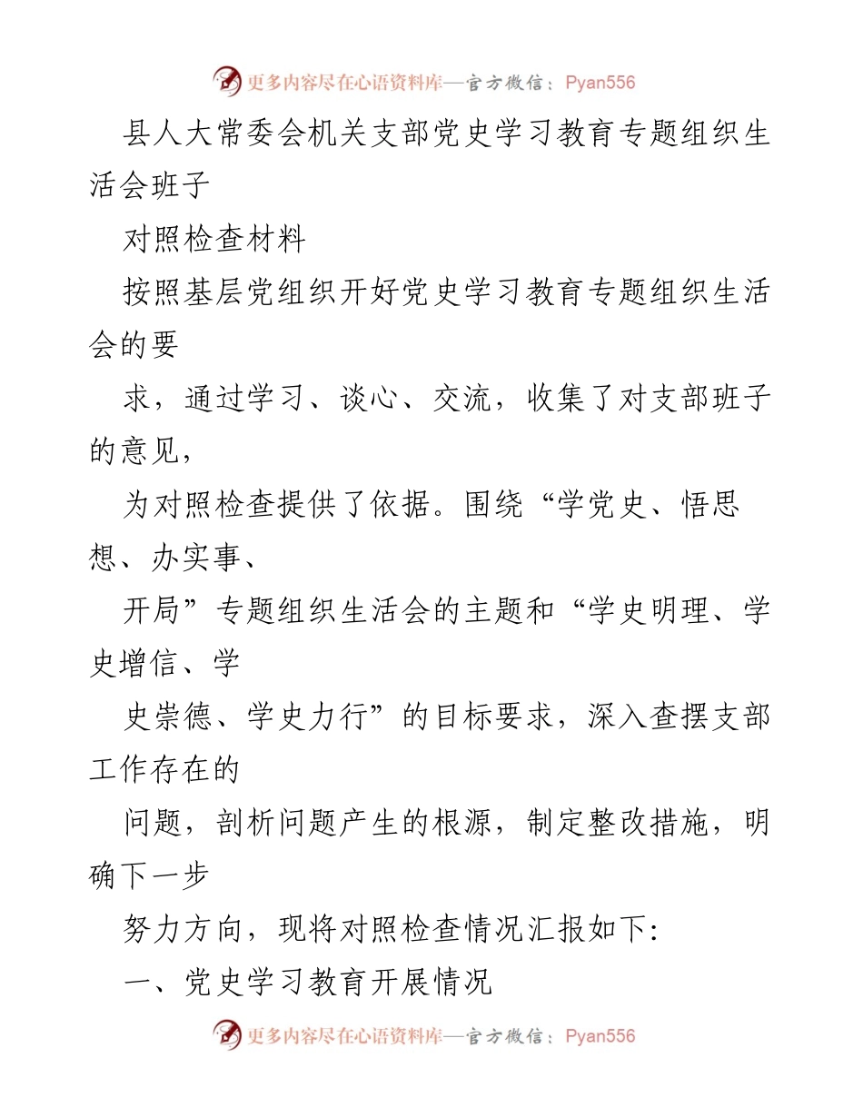 [对照检查材料] 党史学习教育专题组织生活会 - 人大常委会党支部对照检查情况汇报.docx_第1页