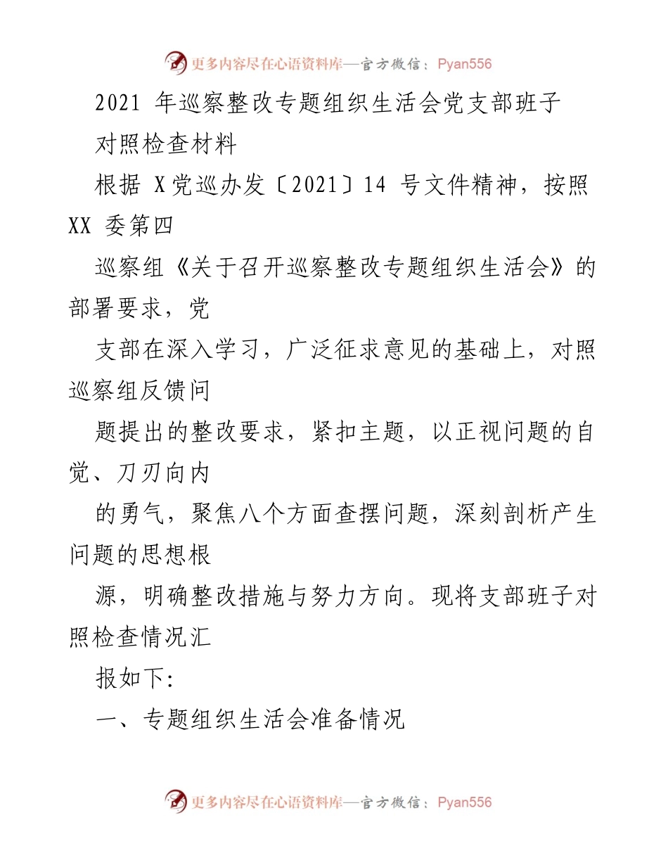 [对照检查材料] 党支部组织生活会 - 巡察整改专题组织生活会对照检查材料总结.docx_第1页