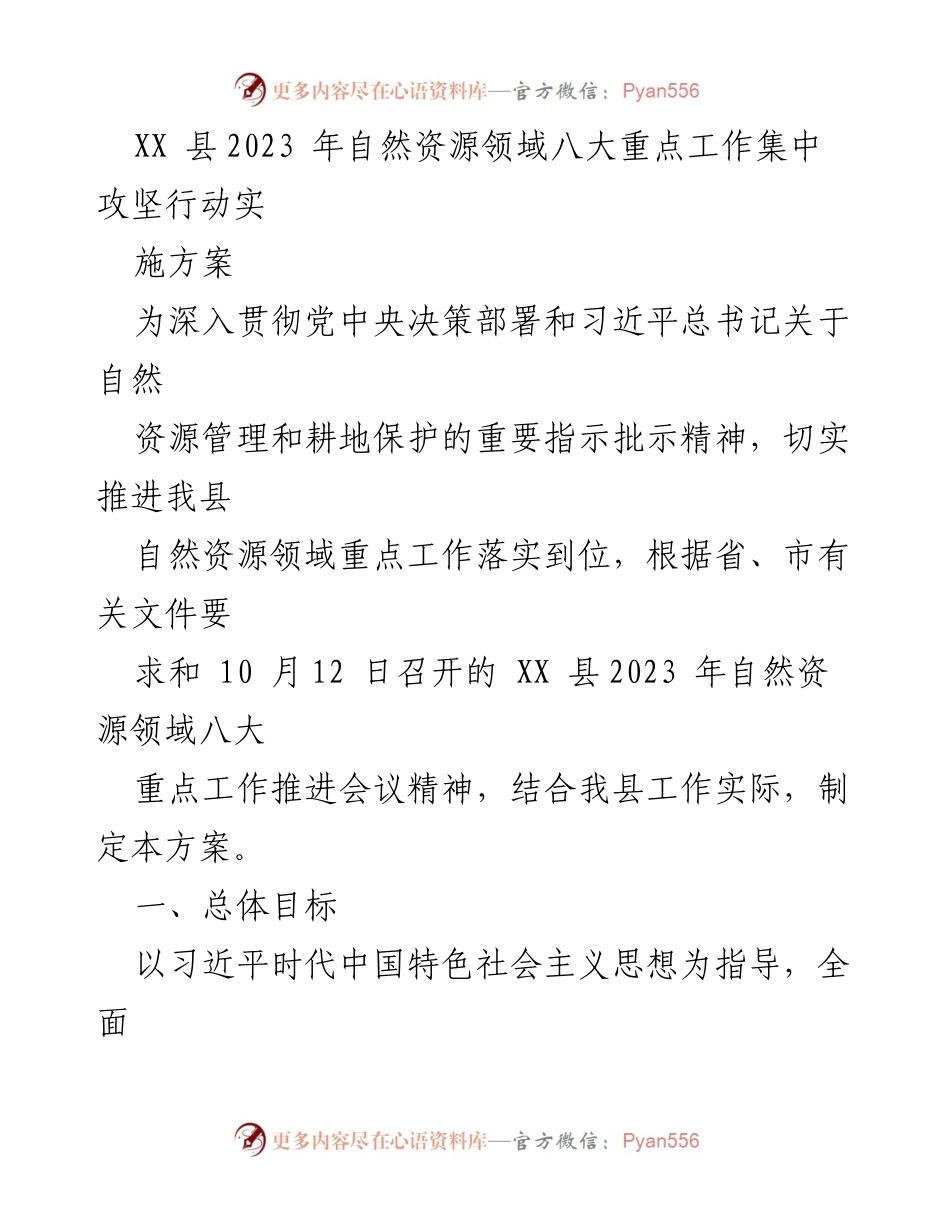 [实施方案] 自然资源领域会议 - XX县2023年自然资源领域八大重点工作集中攻坚行动实施方案.docx_第1页