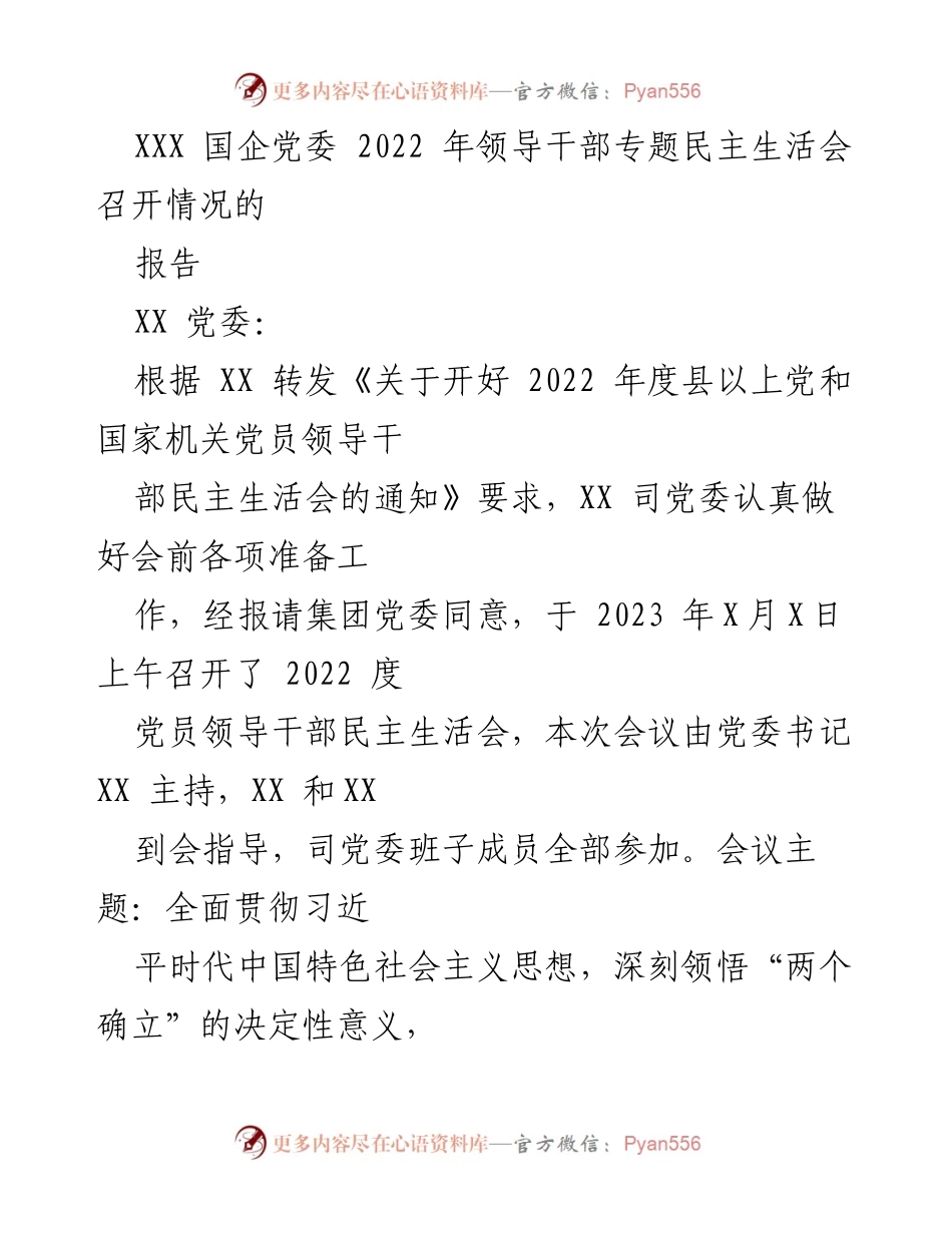 [工作总结] 2022年度党员领导干部民主生活会 - 2022年度党员领导干部民主生活会召开情况报告.docx_第1页