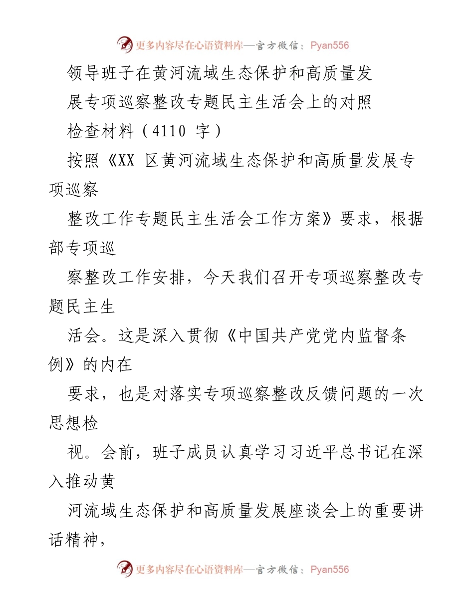 [对照检查材料] 专项巡察整改专题民主生活会 - 黄河流域生态保护与高质量发展整改对照检查报告.docx_第1页